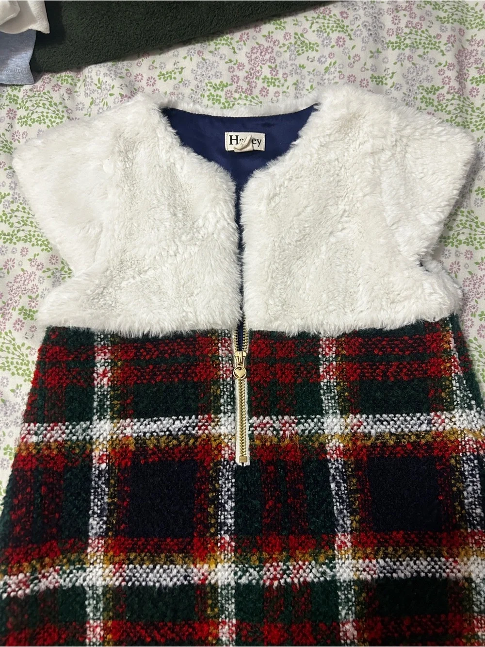 Hatley White Faux Fur Top Green Red Tartan Girls Dress